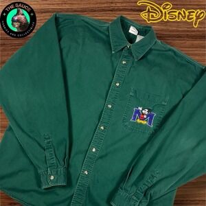 Disney Mickey Mouse Button Down Canvas Shirt Mens XXL Green Vintage Twill‎ 90s